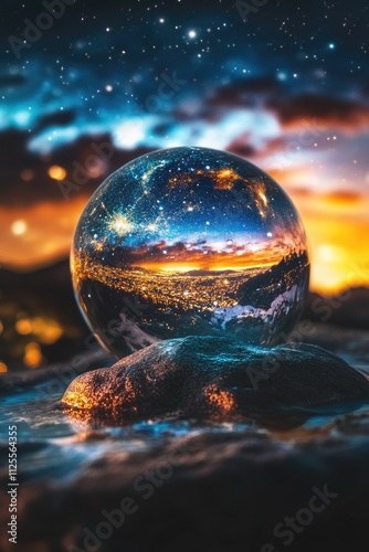 A clear crystal ball sits atop a rugged rock, ready for divination or meditation