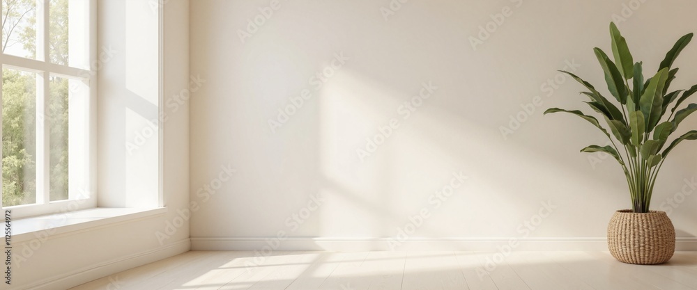 Minimalist room interior with sunlight and potted plant against white wall with copy space Minimalist room interior with sunlight and potted plant against white wall with copy space