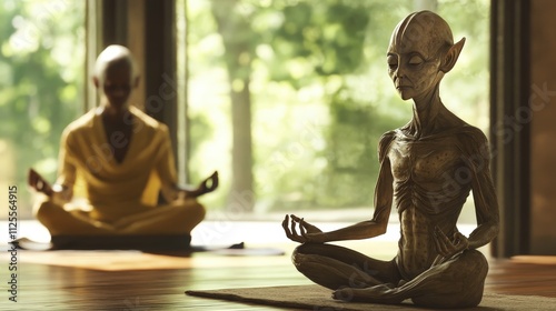 A unique image of an alien and a human practicing meditation together in a calm, indoor setting, symbolizing unity and peace between species. AI generated.