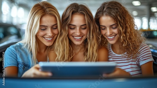 Three women are sitting in a car and looking at a tablet. They are smiling and seem to be enjoying themselves