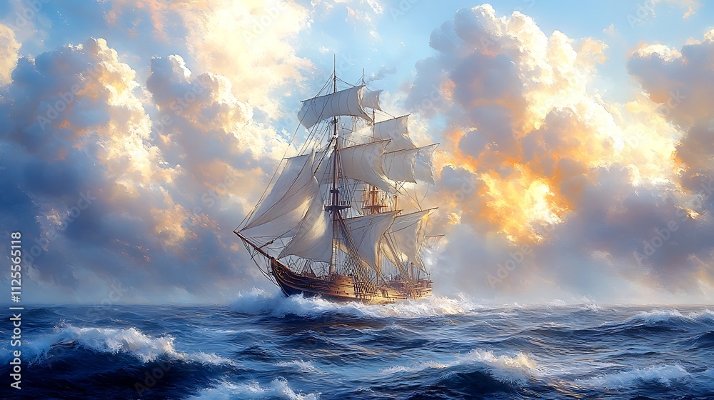 Obraz premium Majestic stormy ocean sailing ship vibrant artistic illustration