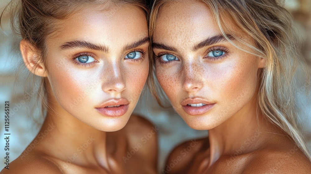 Two women with light skin and blue eyes are standing next to each other. They are both wearing makeup and have a natural, fresh look Two women with light skin and blue eyes are standing next to each other. They are both wearing makeup and have a natural, fresh look