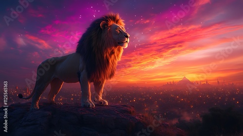 Majestic sunset lion proudly standing artistic vibrant wallpaper