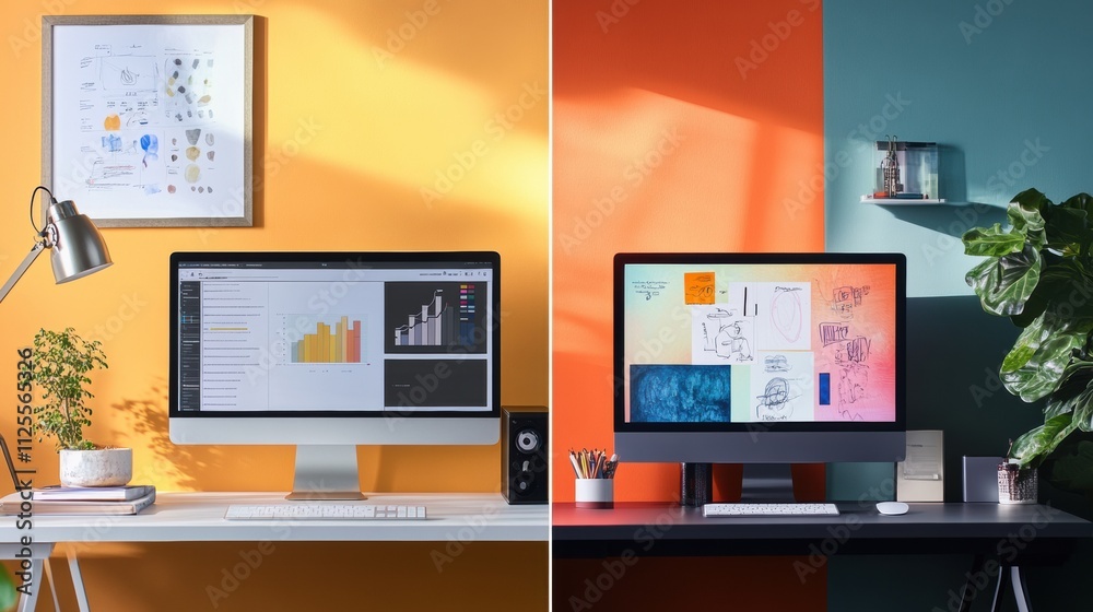 Split screens showcase a minimalist workspace with a computer and a plant, alongside an artistic setting featuring notes and colorful decor. Generative AI Split screens showcase a minimalist workspace with a computer and a plant, alongside an artistic setting featuring notes and colorful decor. Generative AI