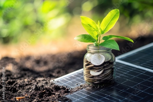 A jar filled with coins placed on a solar panel, perfect for use in illustrations about money or energy photo