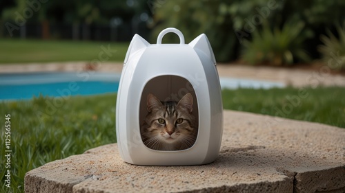 Tabby cat peering from a white cat carrier outdoors. photo