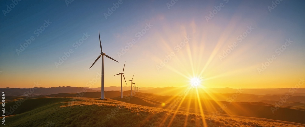 Obraz premium Wind Turbines Silhouetted Against Radiant Sunset Landscape with Copy Space