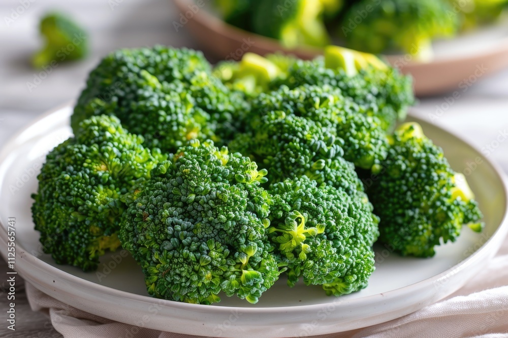 A single serving of steamed broccoli placed on a table