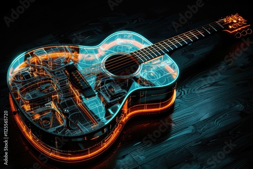 A neon guitar sitting on a wooden floor photo