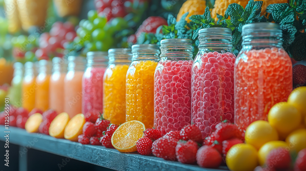Vibrant rows of colorful candy in glass jars with fresh fruits Vibrant rows of colorful candy in glass jars with fresh fruits
