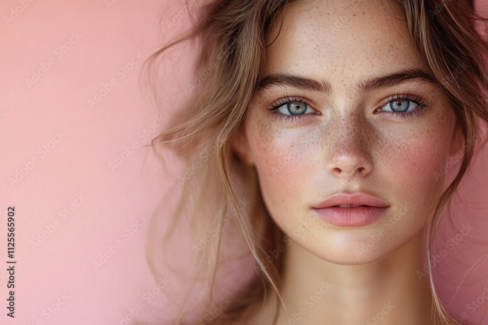 Obraz premium Close-up portrait of a woman with distinctive freckles on her facial skin