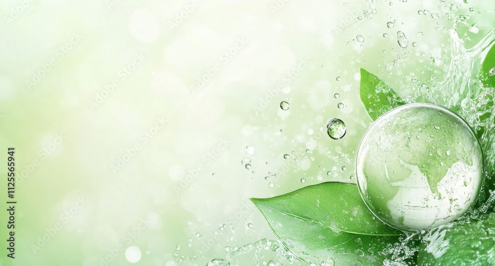 Fresh and Vibrant Water Droplets on Green Leaves with an Elegant Crystal Sphere Reflecting Nature's Beauty and Serenity in a Soft Focus Background Fresh and Vibrant Water Droplets on Green Leaves with an Elegant Crystal Sphere Reflecting Nature's Beauty and Serenity in a Soft Focus Background