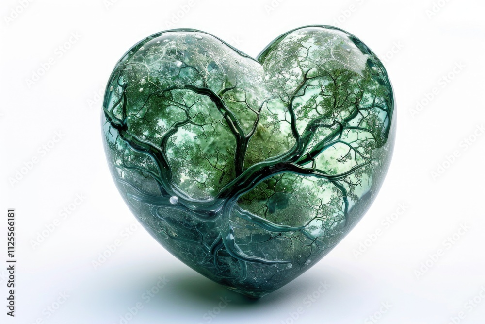 A unique design featuring a green glass heart with a small tree growing inside A unique design featuring a green glass heart with a small tree growing inside
