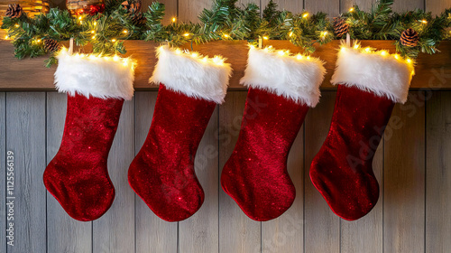 Festive red christmas stockings with garland and lights hanging on a wooden mantel