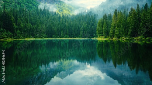 Serene mountain lake reflecting lush forest.