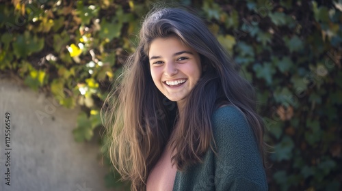 Woman with long hair is smiling