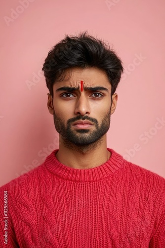 A person wearing a distinctive red cross mark on their forehead