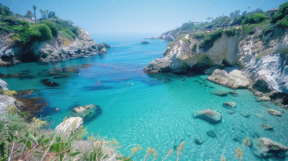 A serene lake scene with surrounding rocks and trees A serene lake scene with surrounding rocks and trees