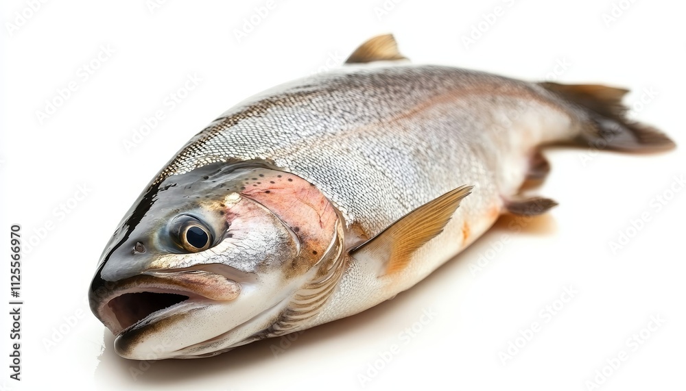 Fresh, Whole Rainbow Trout Isolated on White Background. A Close-up View of a Freshly Caught Fish. Fresh, Whole Rainbow Trout Isolated on White Background. A Close-up View of a Freshly Caught Fish.