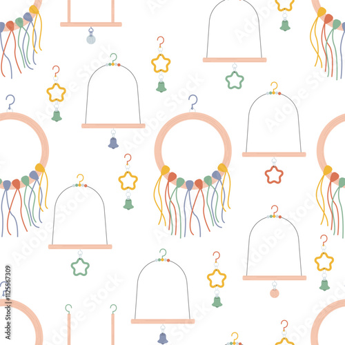 Bird swings seamless pattern. Toys for the birdcage. Accessories, perches and bells for entertaining parrots. Fun background to use in design. Vector wallpaper for wall or packaging.