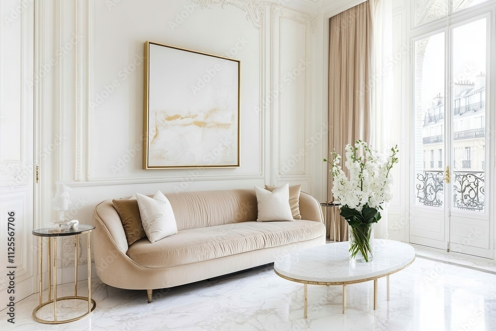 Elegant Interior with Marble Floor and Velvet Sofa