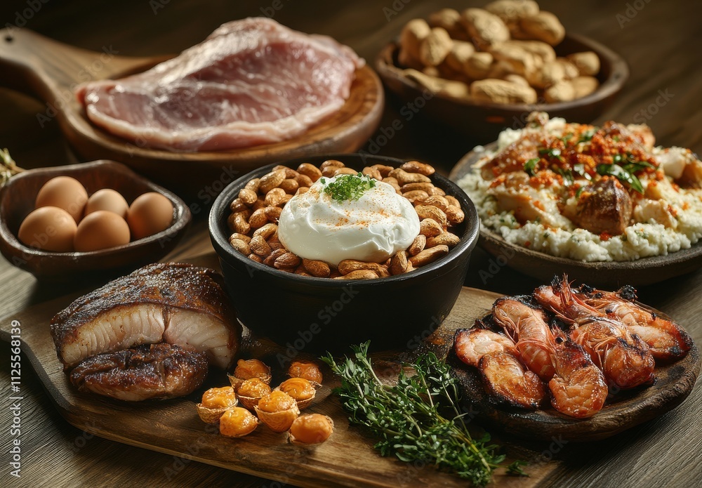 Fresh Ingredients for Culinary Delights: Healthy Proteins, Nuts, Seafood, Eggs, and Herbal Garnish on Rustic Wooden Table Base for Food Photography Fresh Ingredients for Culinary Delights: Healthy Proteins, Nuts, Seafood, Eggs, and Herbal Garnish on Rustic Wooden Table Base for Food Photography