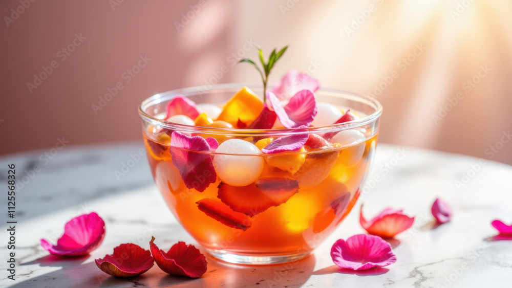 A glass bowl filled with hwachae garnished with petals on a table with pink flower petals scattered around it. A glass bowl filled with hwachae garnished with petals on a table with pink flower petals scattered around it.