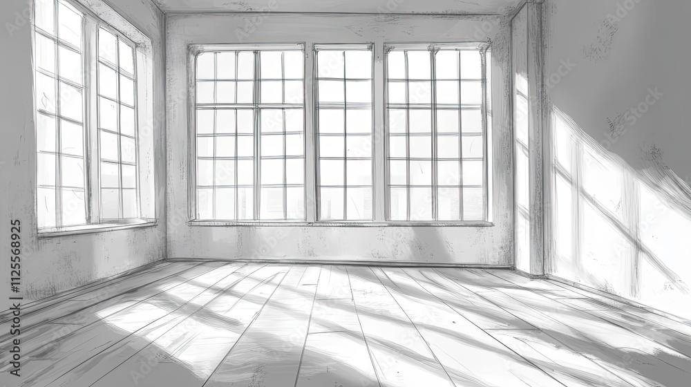 Sunlit Room Sketch Showing Empty Space and Windows Sunlit Room Sketch Showing Empty Space and Windows