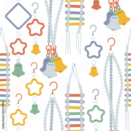 Bird accessories seamless pattern. Toys for the birdcage. Swings, perches and bells for entertaining parrots. Fun background to use in design. Vector wallpaper for wall or packaging.