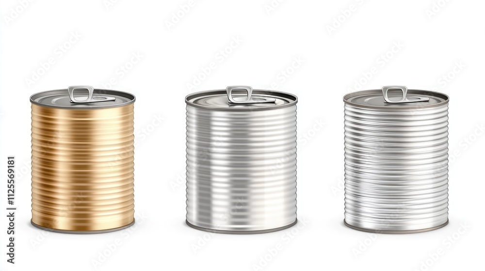 Three metallic containers sit side by side on a shelf Three metallic containers sit side by side on a shelf