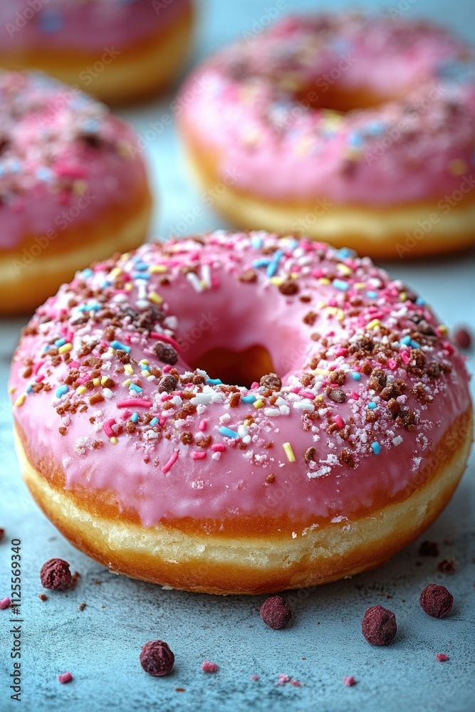 Close-up shot of a sweet doughnut with pink frosting and colorful sprinkles Close-up shot of a sweet doughnut with pink frosting and colorful sprinkles