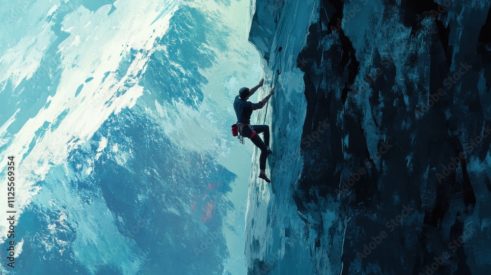 Climber scaling steep icy mountain cliff. Climber scaling steep icy mountain cliff.