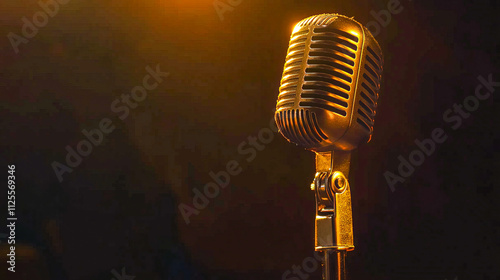 Vintage microphone in warm lighting captures retro music vibe photo