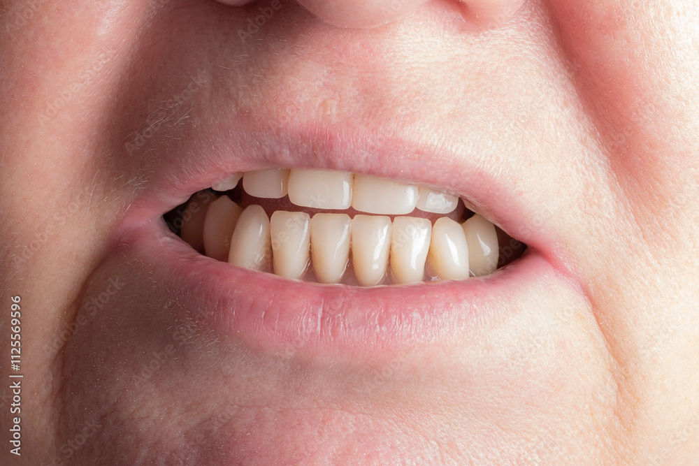Obraz premium Prosthetics and orthodontic treatment. A woman demonstrates removable dentures.