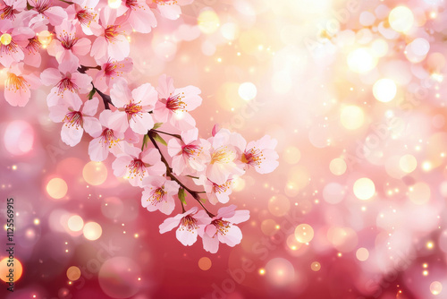 Cherry blossom branches with soft pink flowers and glowing bokeh lights