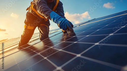 Worker installing solar panels on rooftop during sunset with blue skies