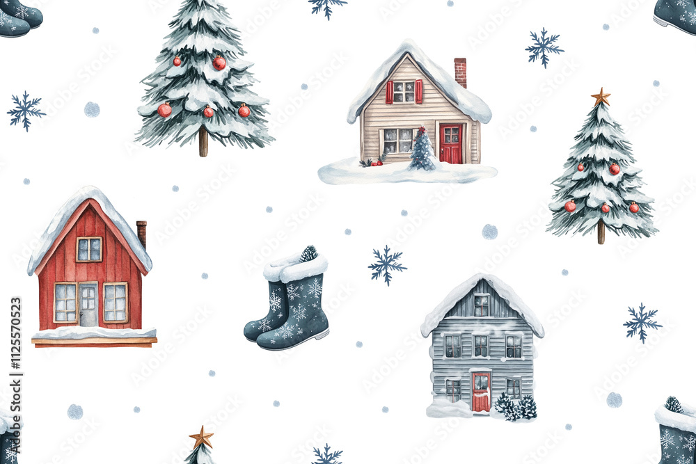 Fototapeta premium Seamless watercolor pattern of houses, Christmas tree, winter boots and Christmas decorations on a white background. Beautiful ornament for wrapping paper, textiles and printing in New Year, winter an
