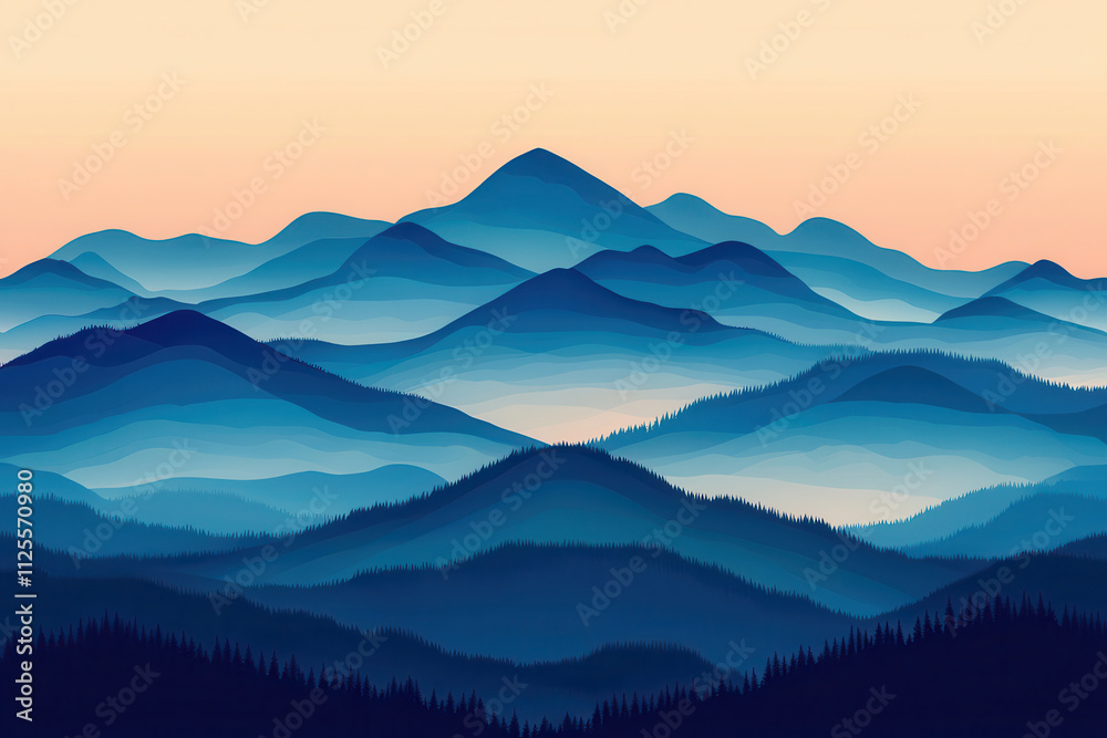 Obraz premium Serene mountain landscape in soft blue tones at sunset