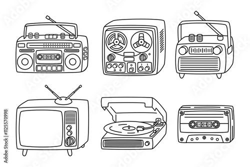 Line Art Retro Devices set.Graphic collection of musical electronic equipment.Boombox, reel-to-reel tape recorder, radio, vinyl  player, TV, cassette tape.Vector linear objects isolated on white.