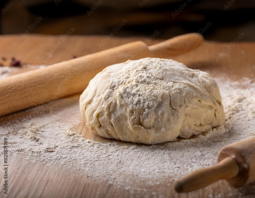 Dough Ball and Rolling Pins on Floured Wooden Surface