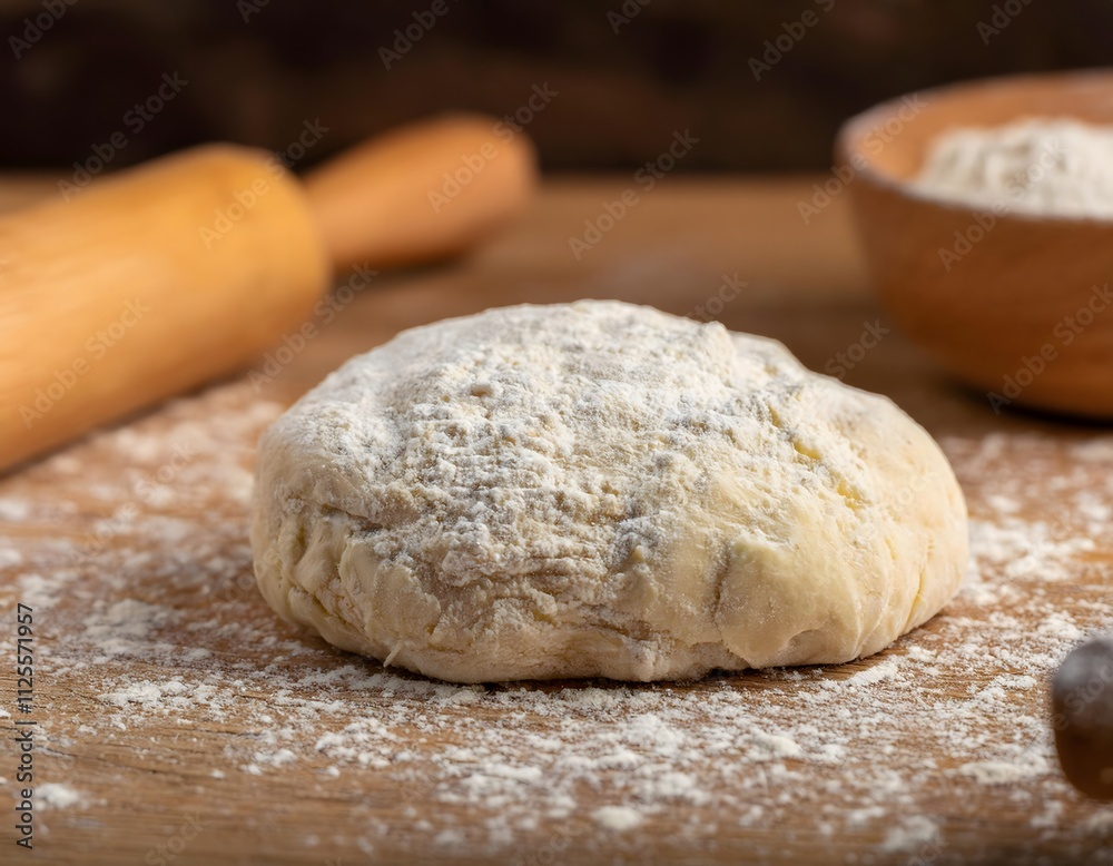 Flour-Dusted Dough Ball with Rolling Pin and Flour Bowl Flour-Dusted Dough Ball with Rolling Pin and Flour Bowl