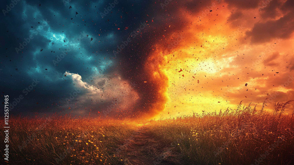 A powerful tornado swirls in a stormy landscape, symbolizing nature's fury and the urgent impact of climate change. Dramatic clouds and harsh winds highlight humanity's fragile relationship with the p A powerful tornado swirls in a stormy landscape, symbolizing nature's fury and the urgent impact of climate change. Dramatic clouds and harsh winds highlight humanity's fragile relationship with the p