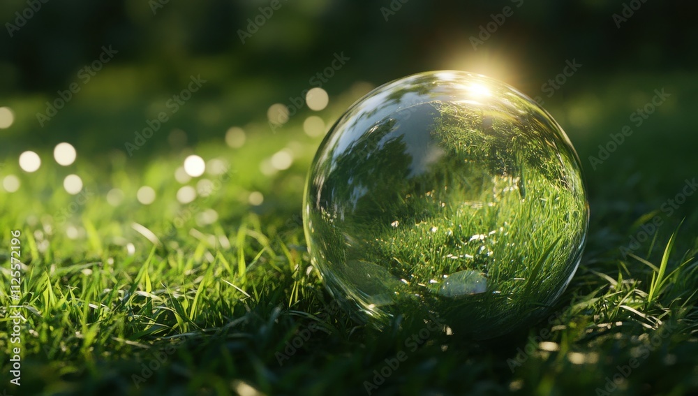 Glass Sphere Reflecting Nature with Soft Bokeh Background in Lush Green Grass Under Gentle Sunlight in a Tranquil Outdoor Setting Glass Sphere Reflecting Nature with Soft Bokeh Background in Lush Green Grass Under Gentle Sunlight in a Tranquil Outdoor Setting
