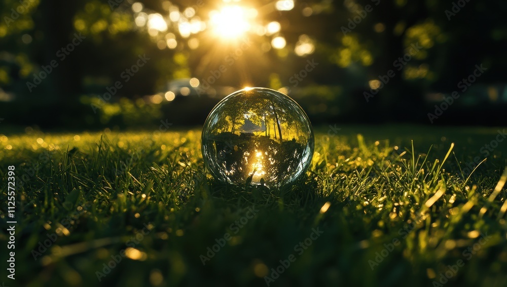 Glimmering Glass Sphere Capturing Sunlight Reflection on Lush Green Grass in a Serene Outdoor Setting at Sunset Glimmering Glass Sphere Capturing Sunlight Reflection on Lush Green Grass in a Serene Outdoor Setting at Sunset
