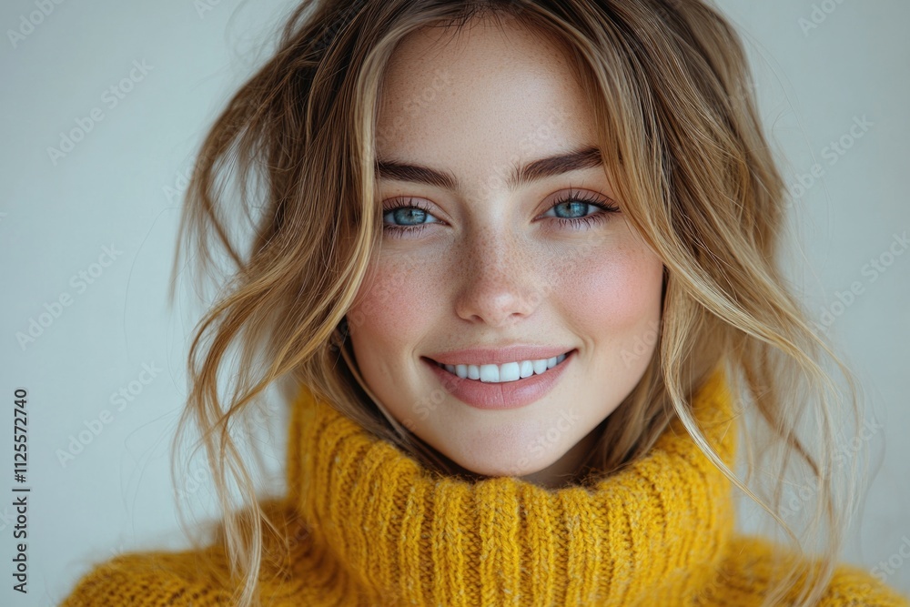 A woman is depicted wearing a bright yellow turtle neck sweater, suitable for casual or business settings A woman is depicted wearing a bright yellow turtle neck sweater, suitable for casual or business settings