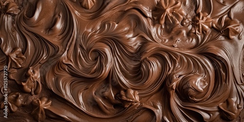 A close-up shot of rich and creamy chocolate frosting on top of a cake, perfect for baking or decorating needs