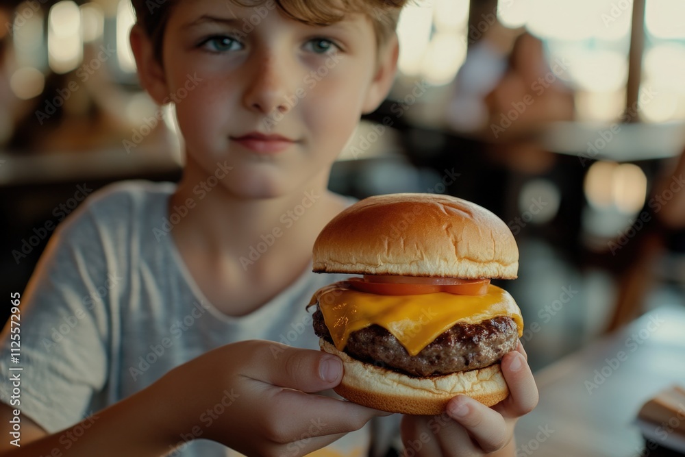A young boy holds a cheeseburger in his hand, ready for a tasty meal A young boy holds a cheeseburger in his hand, ready for a tasty meal