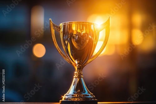 A golden trophy sits on a table, perfect for awards or achievements