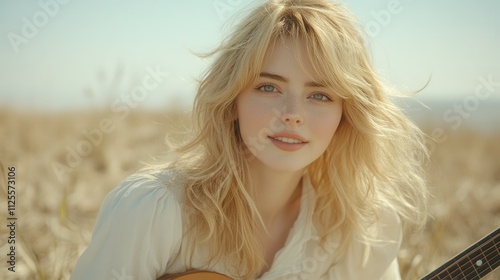 A blonde woman with a guitar is sitting in a field. She is smiling and looking at the camera