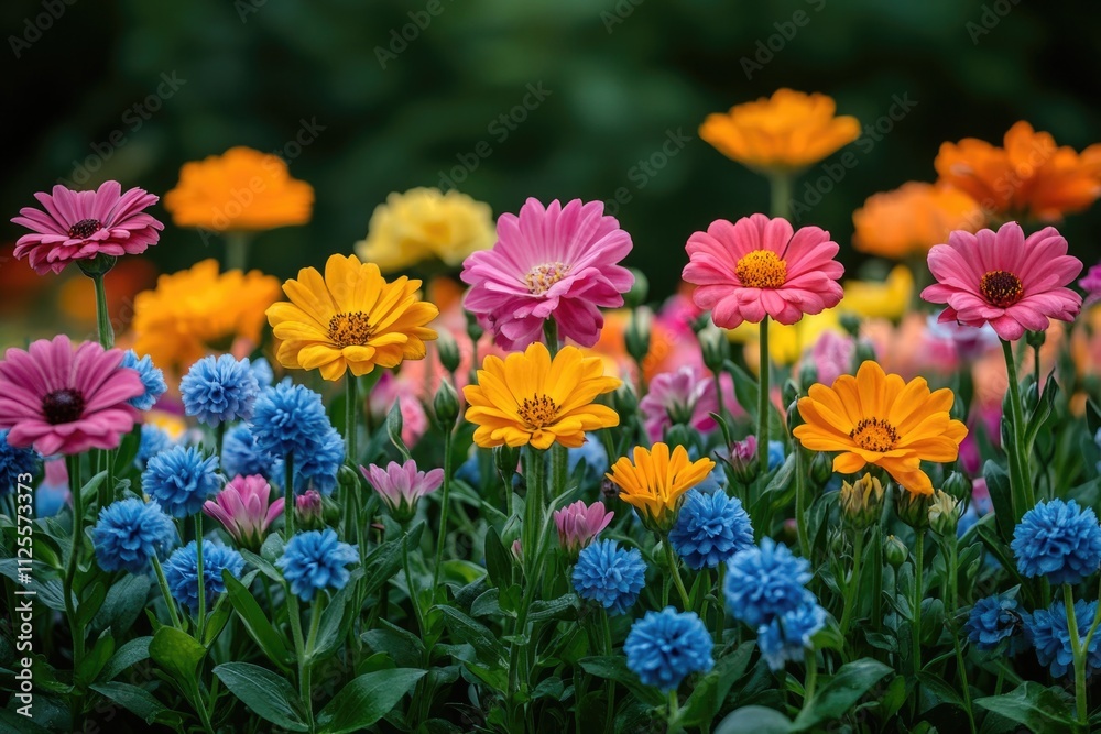 A beautiful field of vibrant flowers with lush green leaves, perfect for any occasion A beautiful field of vibrant flowers with lush green leaves, perfect for any occasion